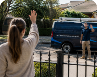 Customer waving goodbye to a Wentworthville Blocked Drains plumber